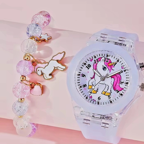 Pink and White Unicorn Watch and Crystal Bracelet - Picture 1 of 2